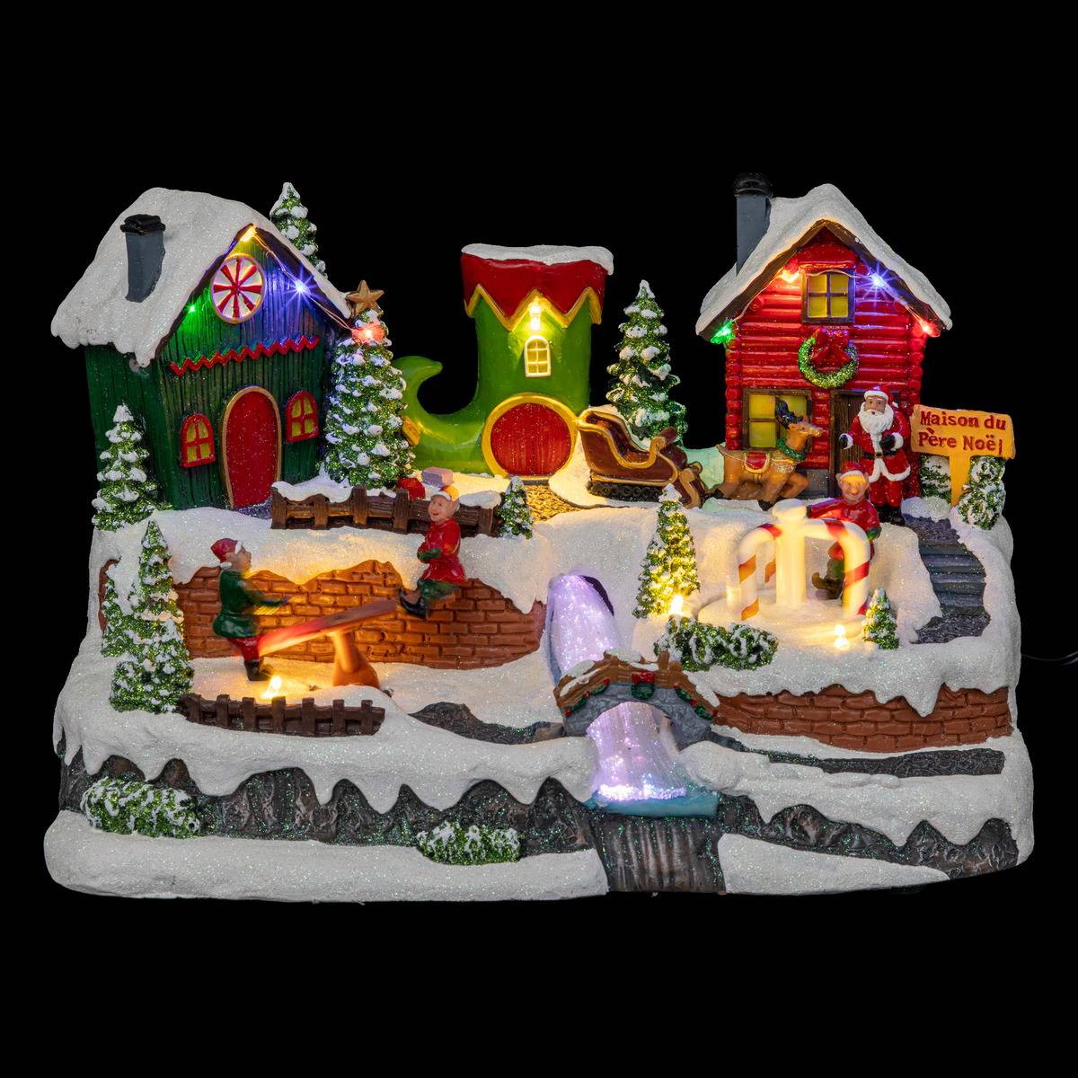 Village lumineux jeux de lutins 13 LED long 31 cm musical à mouvement multicolore, ATMOSPHERA