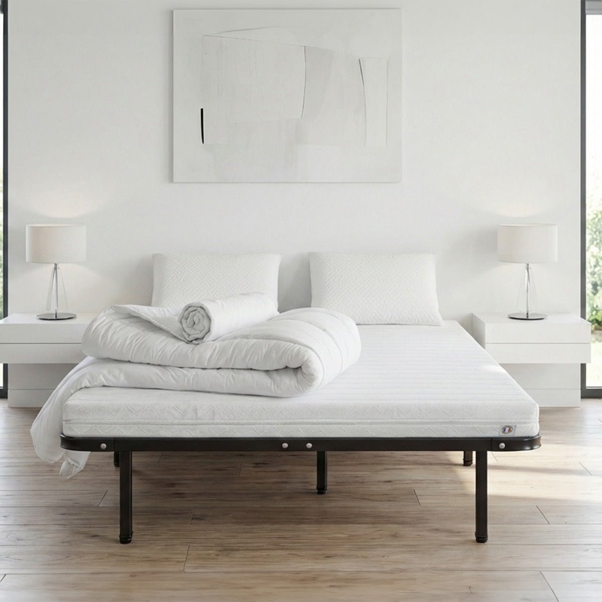 Pack Egio 90x190 cm Matelas Mousse + Sommier Métal + Accessoires blanc, OLYMPE LITERIE