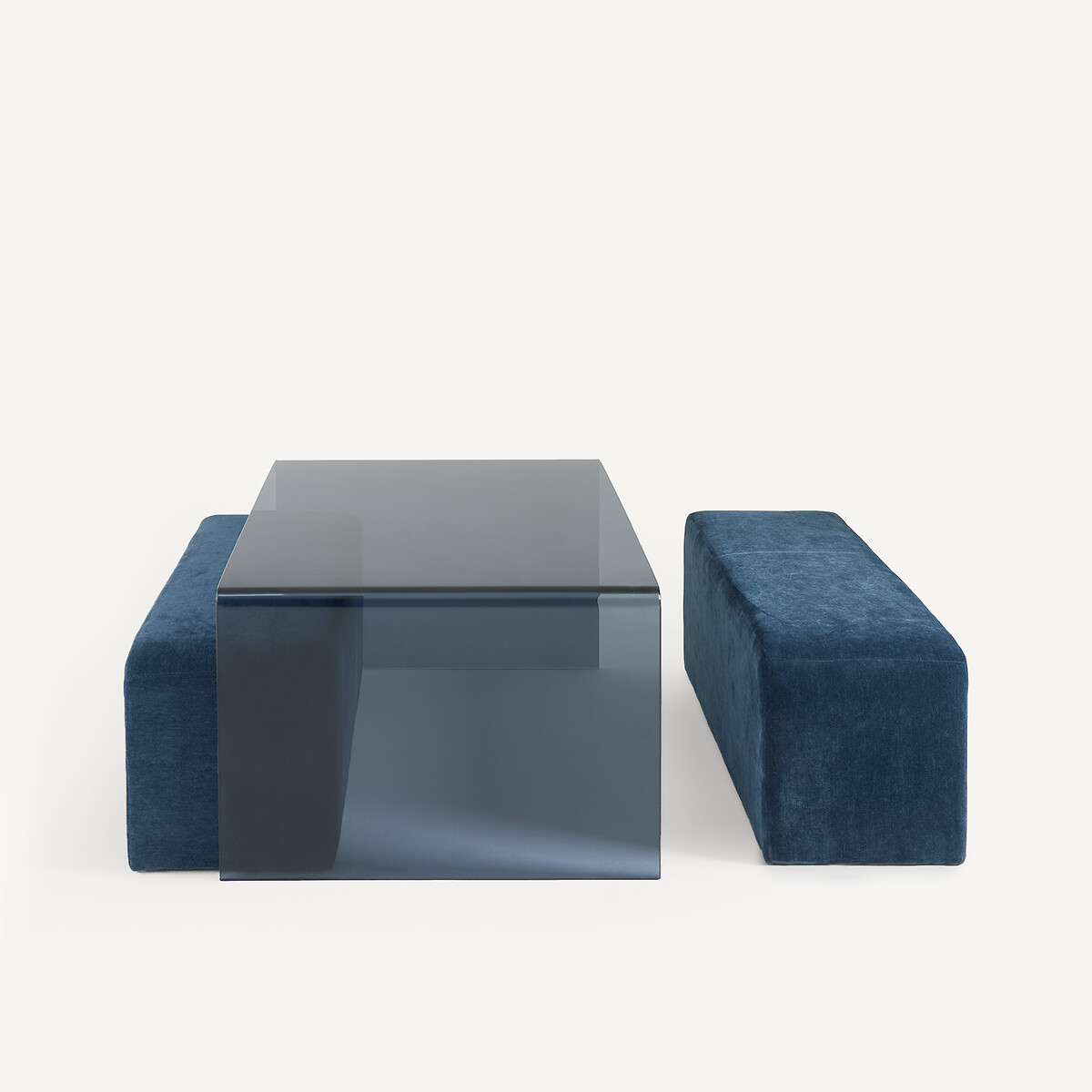 Mesa de centro com tampo de vidro temperado e 2 bancos, JOAN azul, LA REDOUTE INTERIEURS