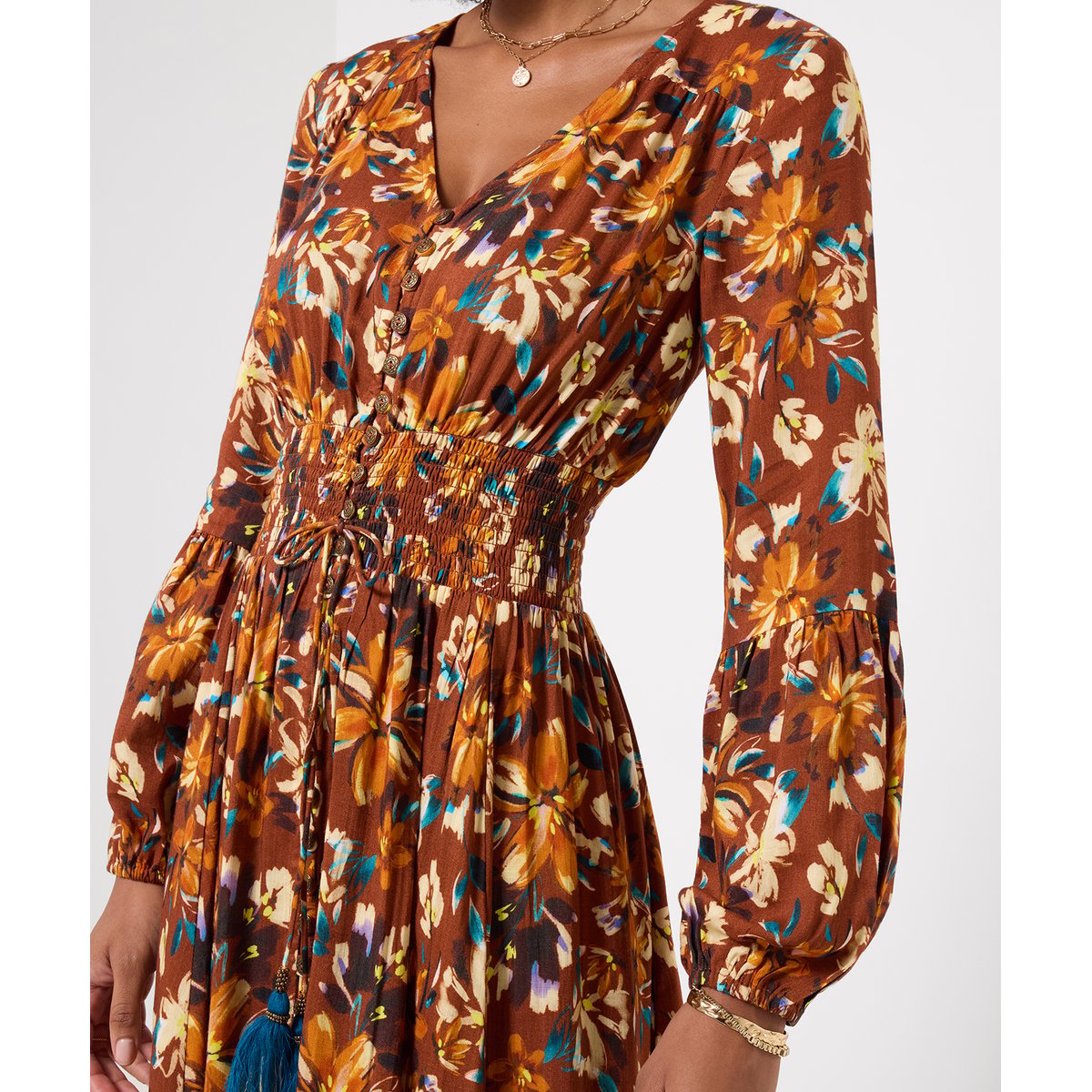 Robe Longue Fleurie à Empiècement en Dentelle Sienna marron, JOE BROWNS