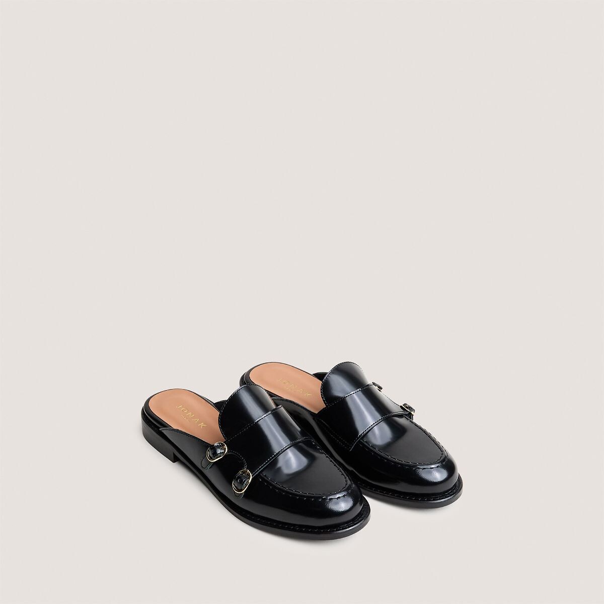 Chinelos tipo mocassins em pele, DISTANTE preto , JONAK