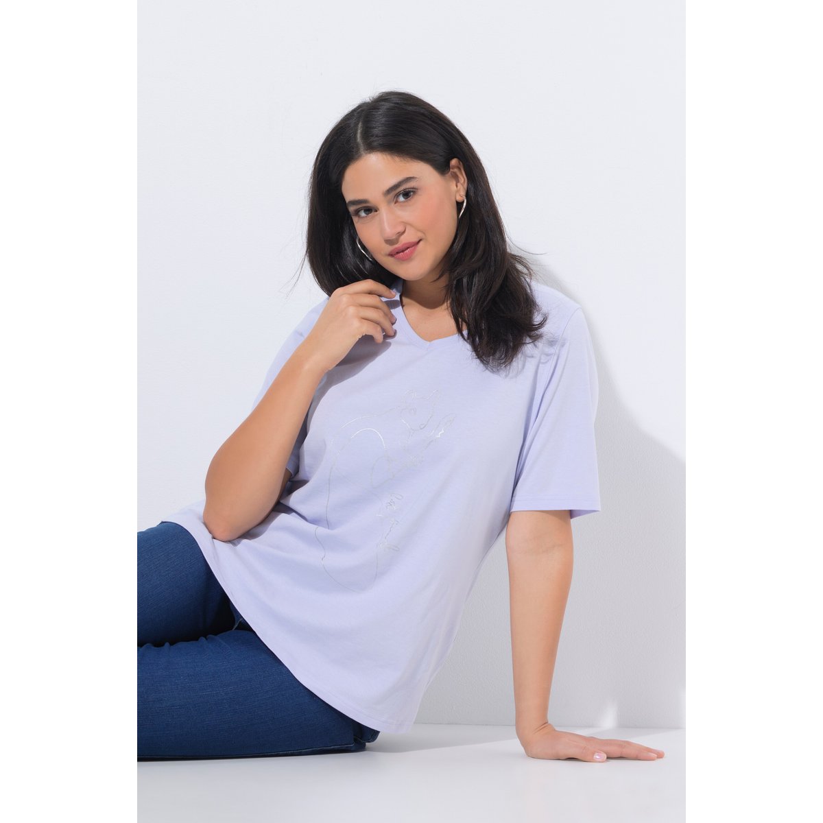 T-shirt col V et manches courtes lavande, ULLA POPKEN