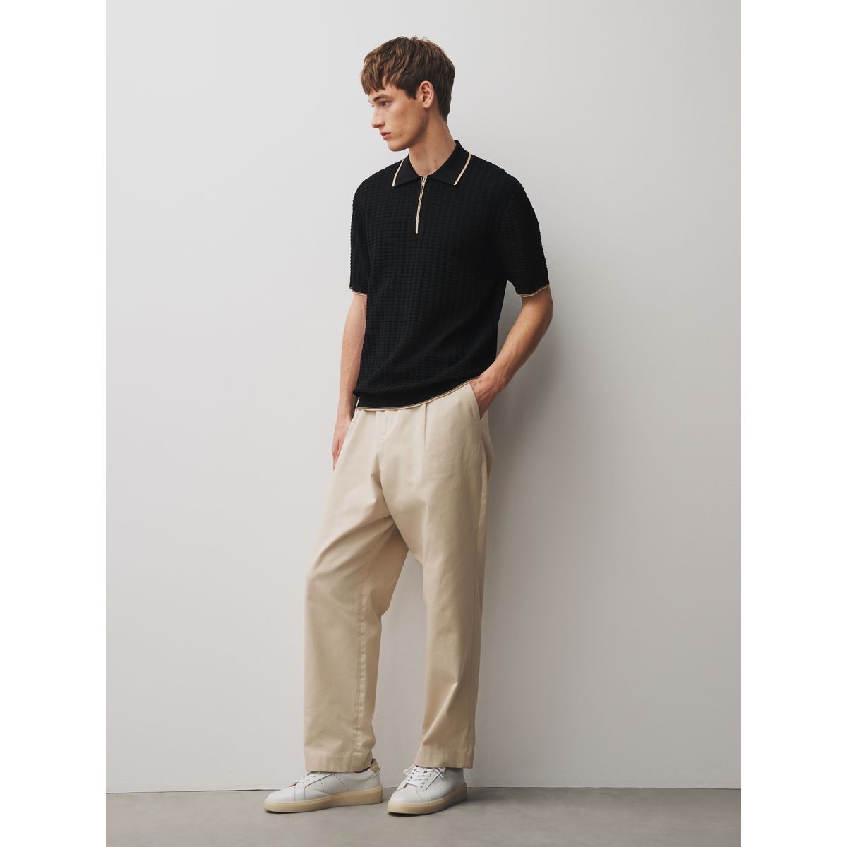 Polo à col zippé en maille gaufrée n. premium noir, NEXT