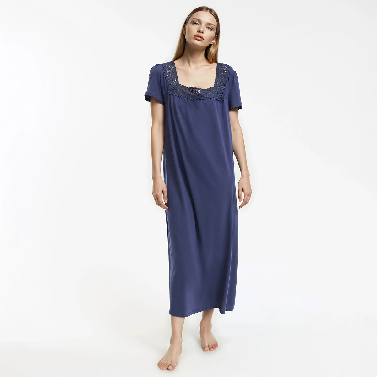 Chemise de nuit dentelle et coton peigné marine, ANNE WEYBURN