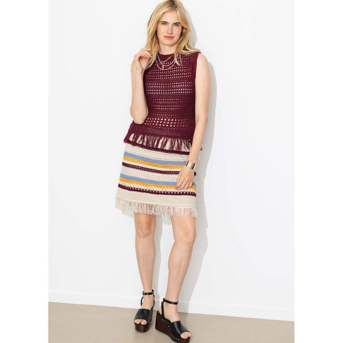 Jupe courte frangée en crochet rayures multicolores, PROMOD