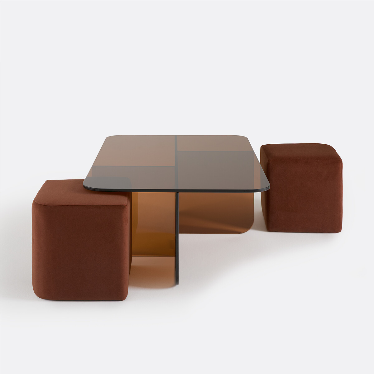 Mesa de centro em vidro temperado âmbar com 2 pufes em tecido, DELLA terracota, LA REDOUTE INTERIEURS