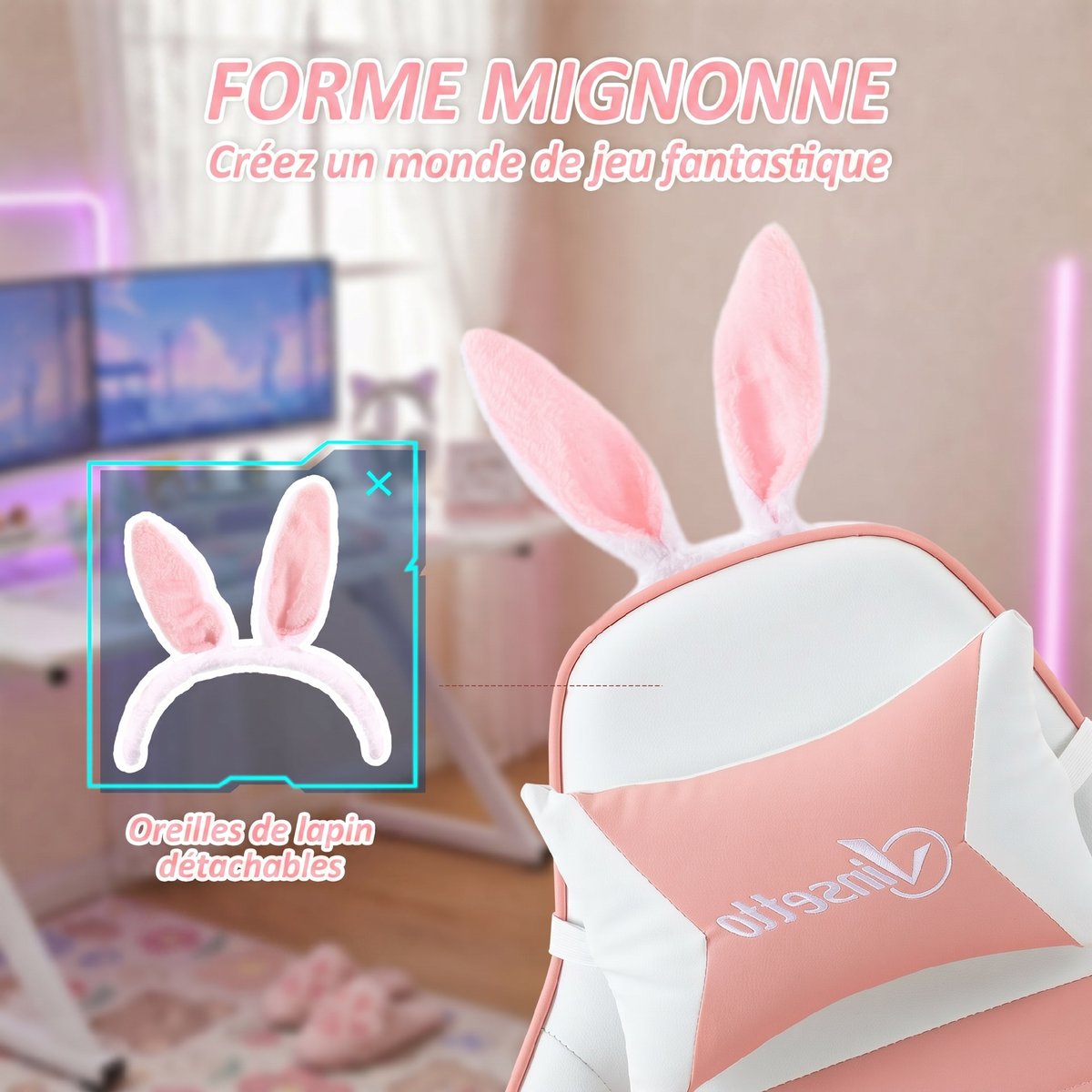 Fauteuil gaming Polyuréthane Rose rose, blanc, HOMCOM