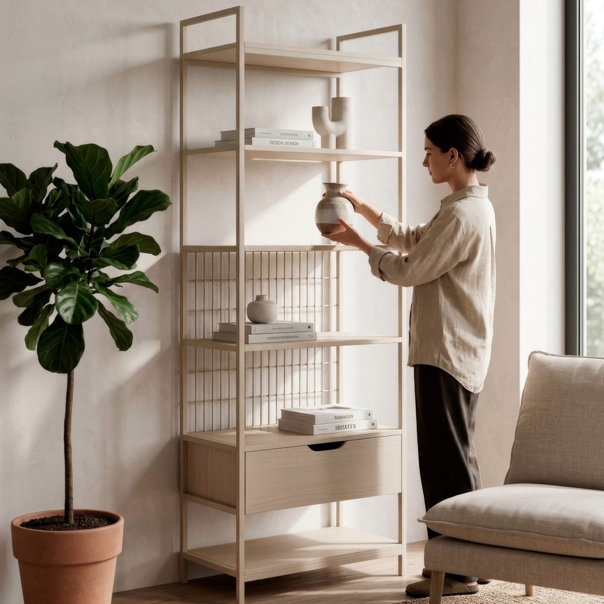 Étagère modulable 1 tiroir en métal et bois L60xH179,5cm - AQABA beige, DRAWER