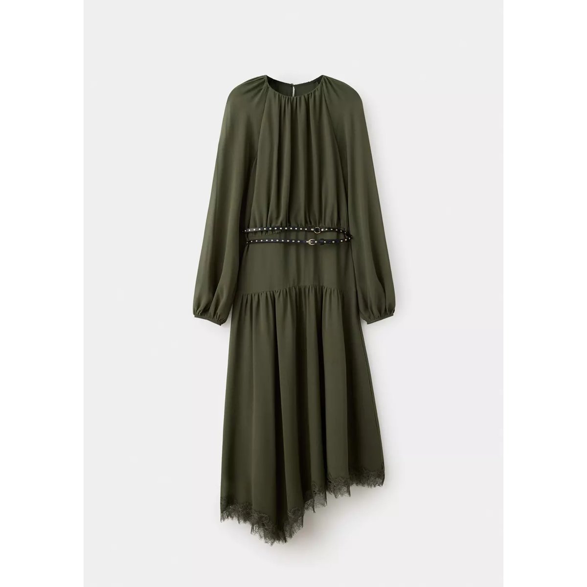 Robe à double ceinture en dentelle moutarde, MANGO