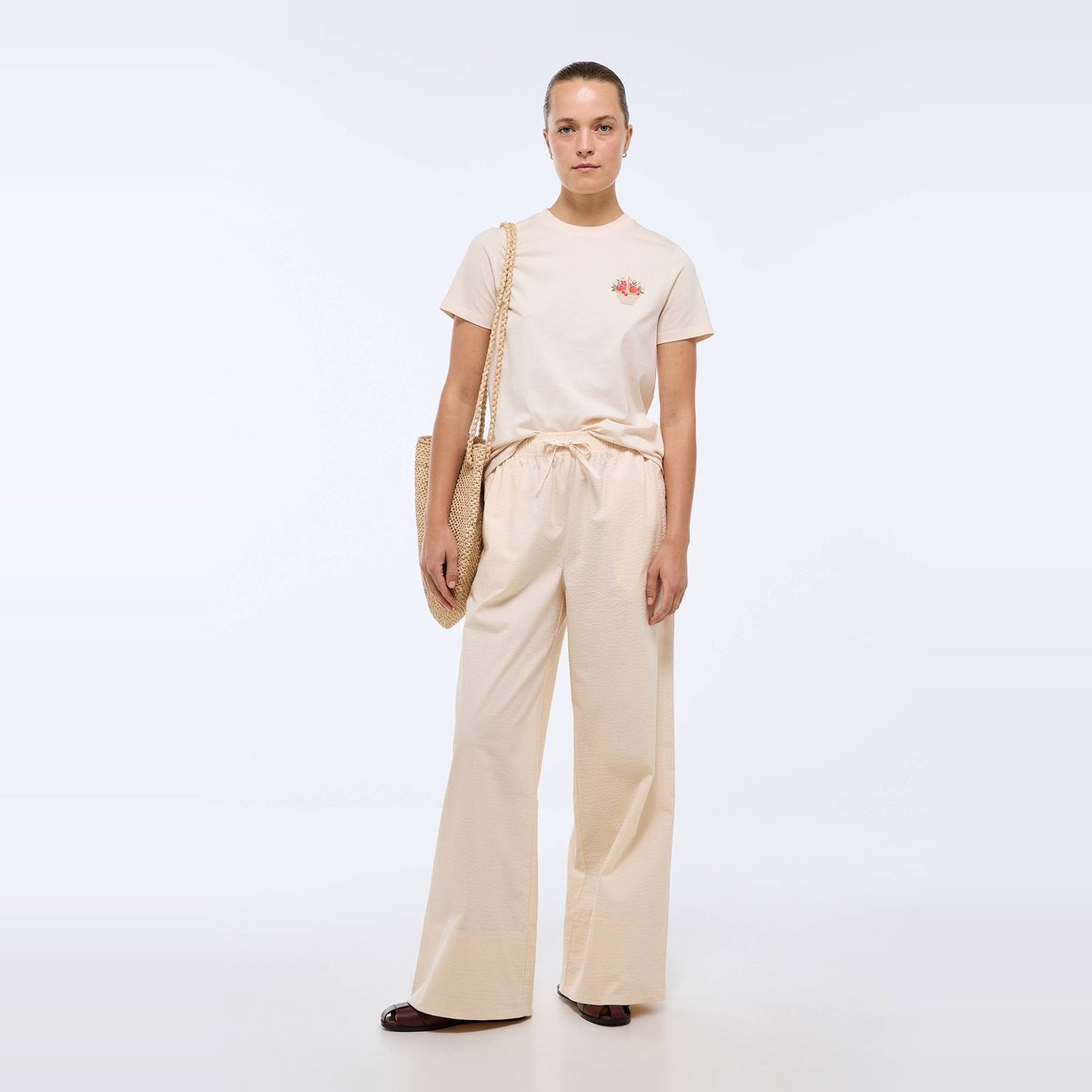 Pantalon large à taille élastiquée en coton gauffré butter cream, MONOPRIX