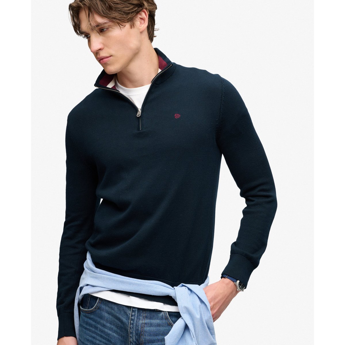 Pull à demi-zip en coton Preppy Essential bleu marine éclipse, SUPERDRY