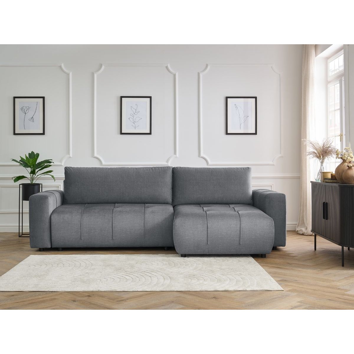 Canapé d'angle convertible 3 places en velours, ARSENE gris foncé, BOBOCHIC