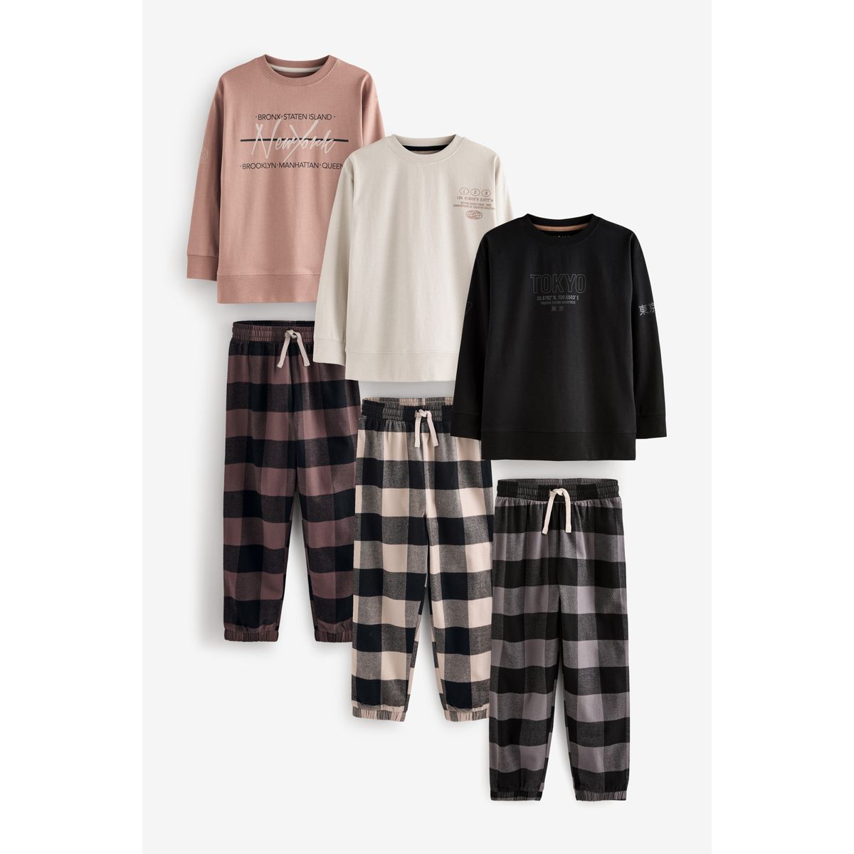 Pyjama tissé à carreaux, lot de 3 naturel/noir, NEXT