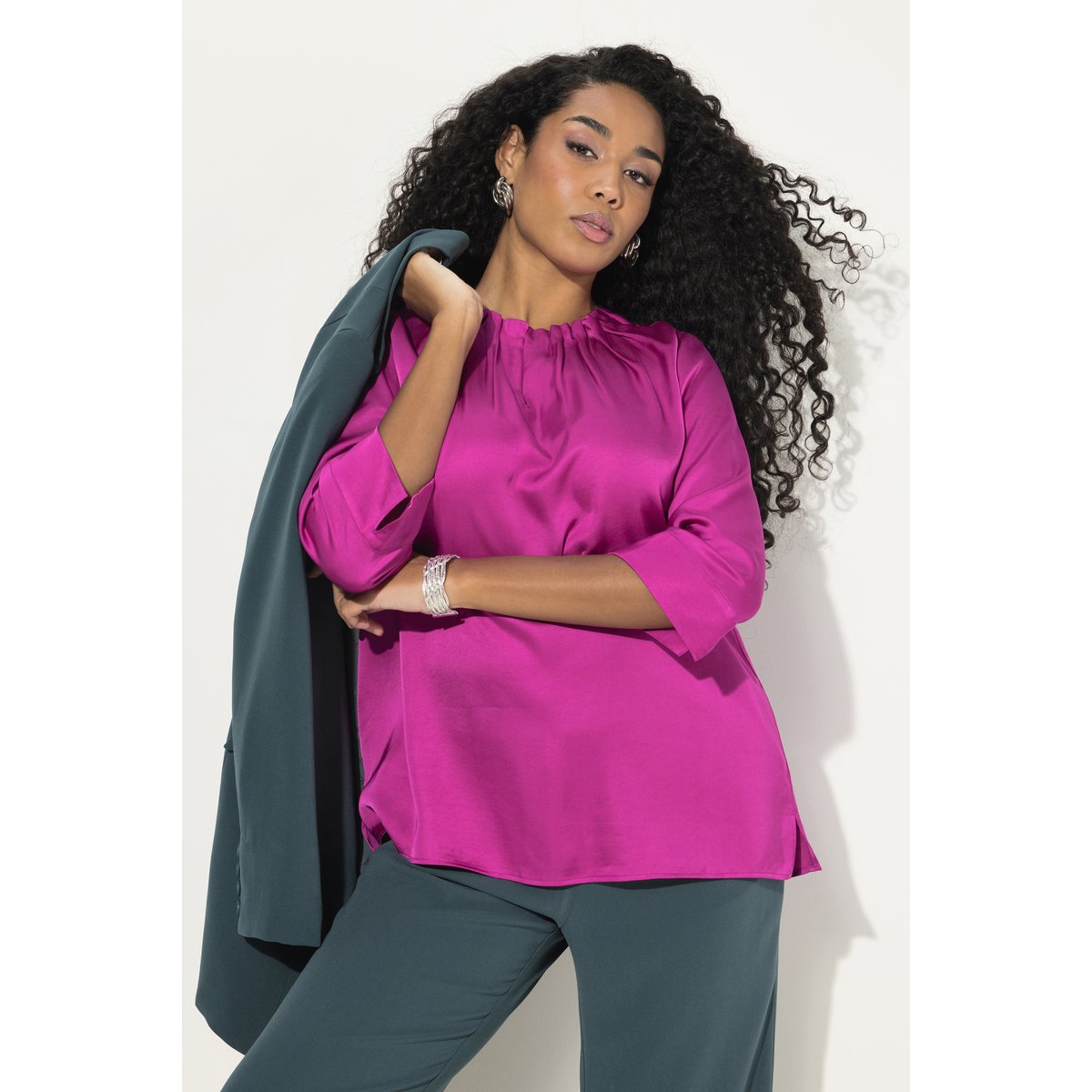 Blouse avec décolleté froncé, manches 3/4 magenta, ULLA POPKEN