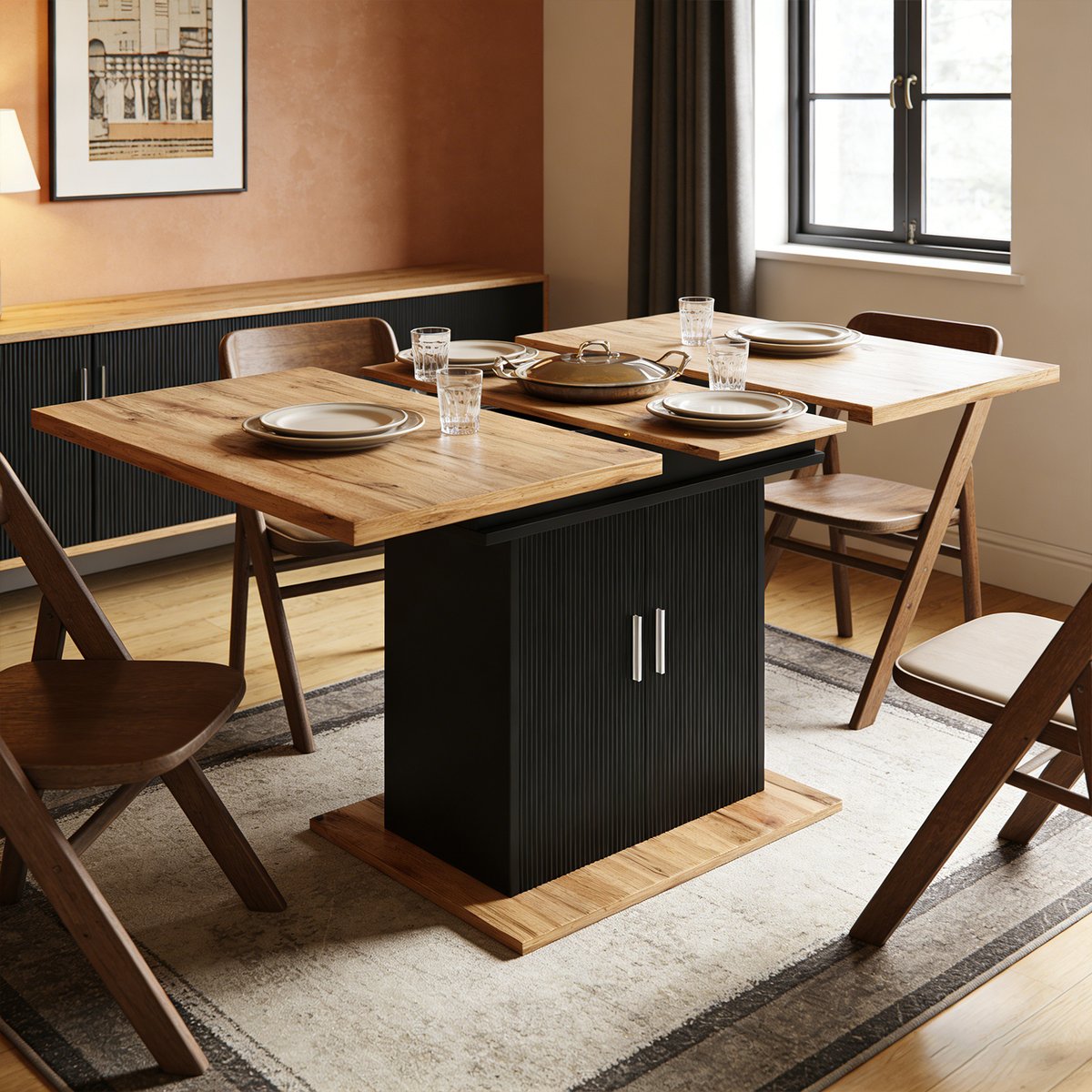 Table à manger extensible à allonge papillon intégrée, ZARAE chêne, MEUBLES COSY