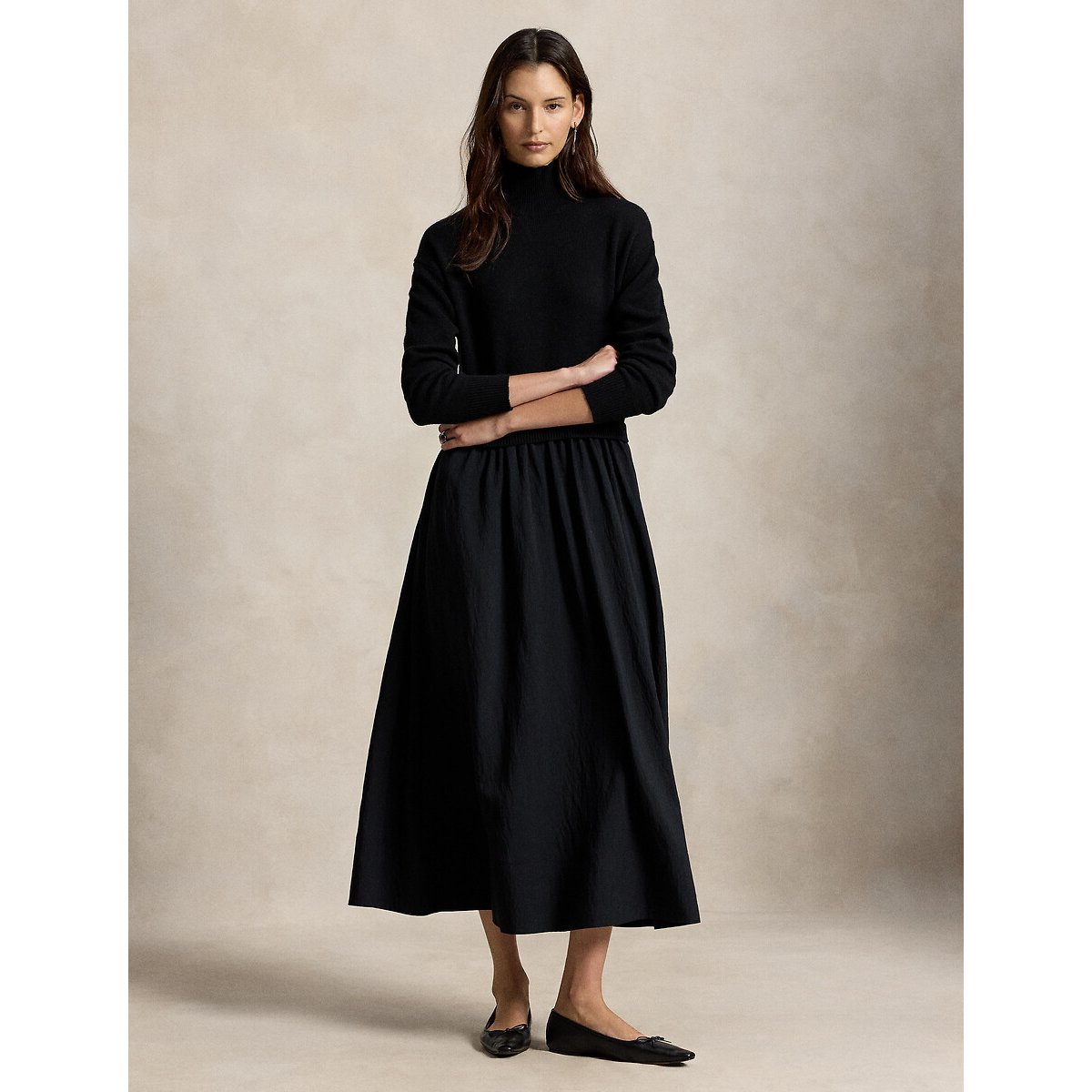 Robe longue évasée, à col montant noir, POLO RALPH LAUREN