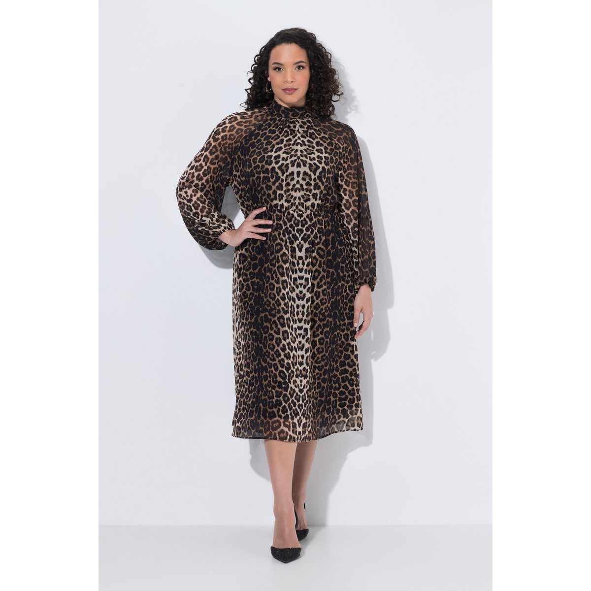 Robe midi motif léopard, coupe évasée chameau, ULLA POPKEN