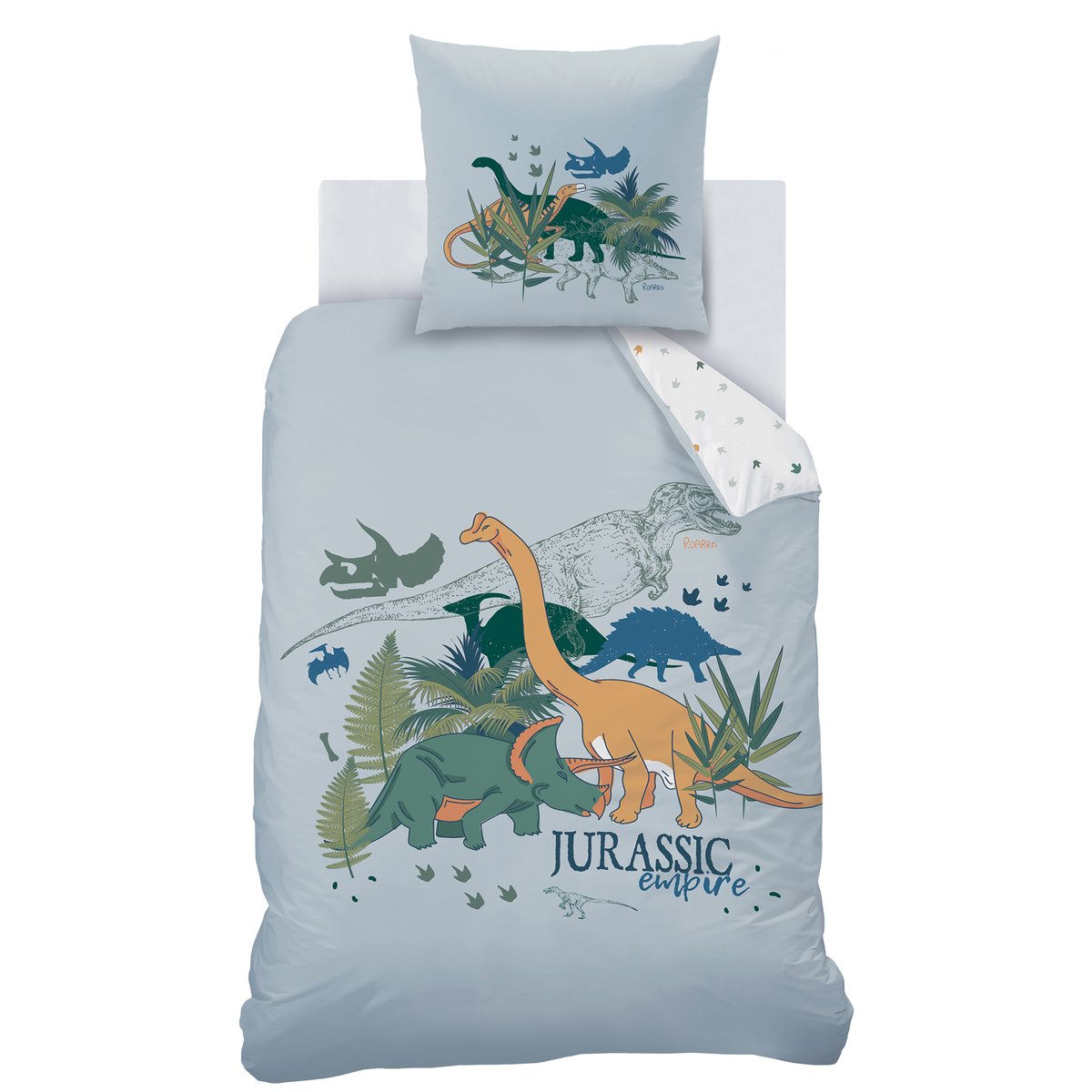 Parure de lit imprimée 100% coton, DINO JUNGLE gris, MATT ET ROSE