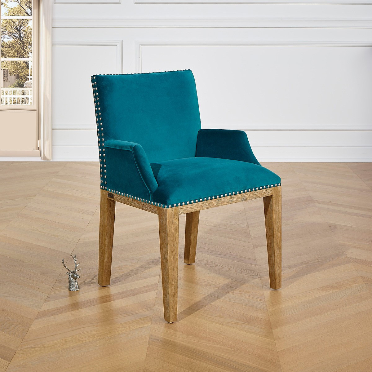 Fauteuil de table style contemporain en hévéa et velours IANA bleu canard, ROBIN DES BOIS