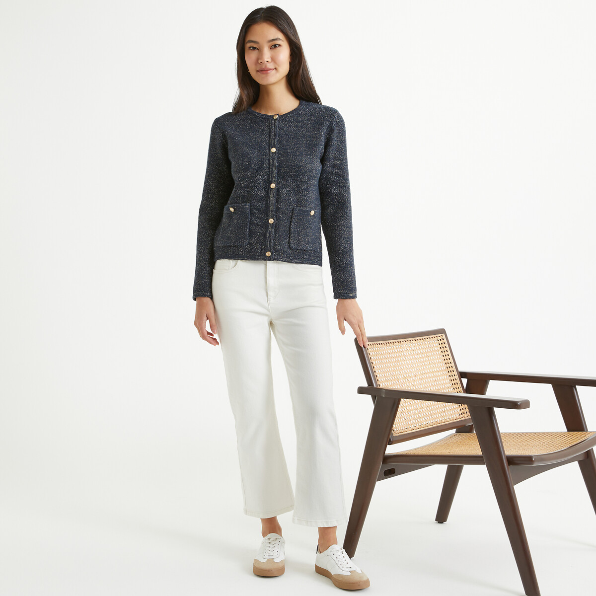 Buttoned Crew Neck Cardigan in Fine Knit navy, ANNE WEYBURN