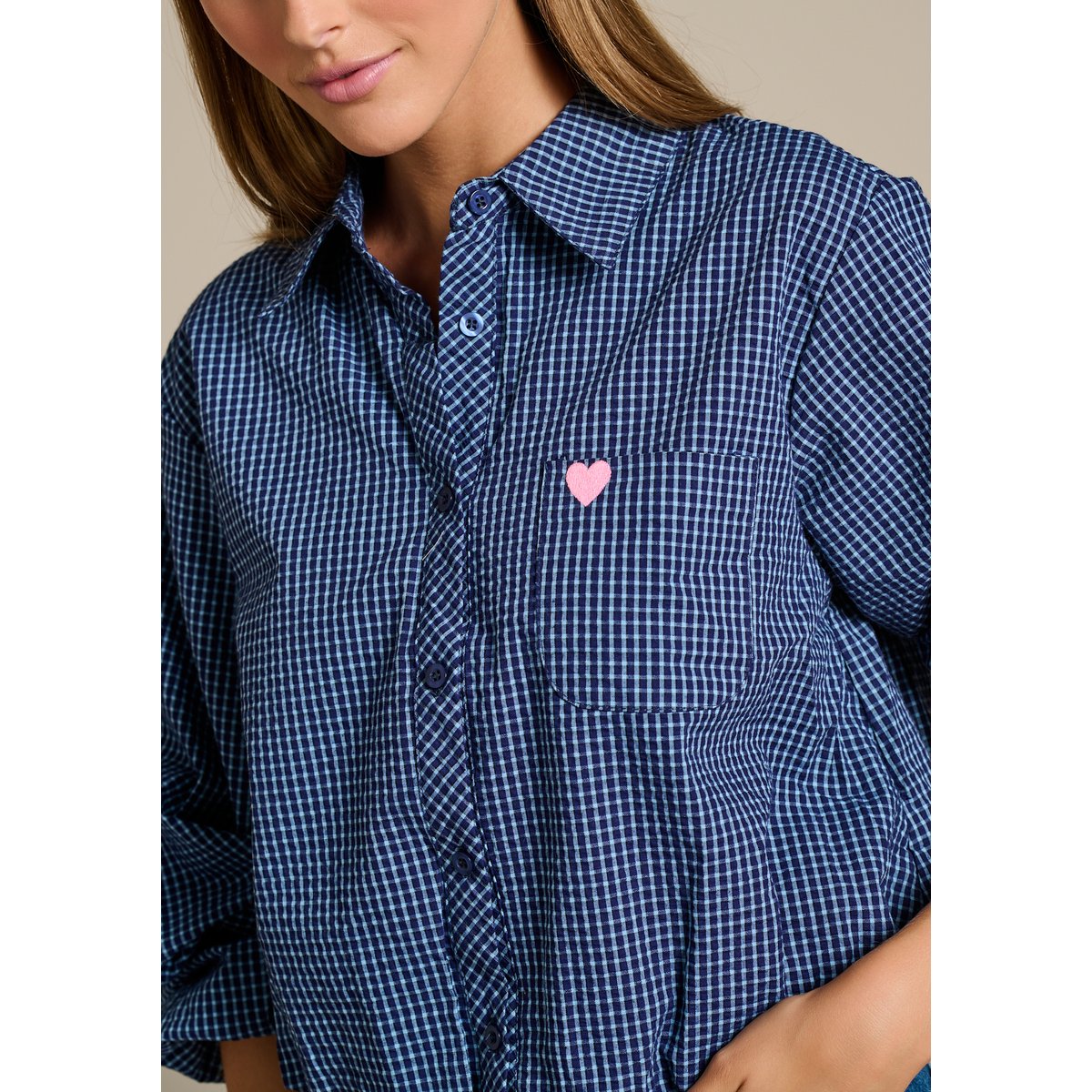 Chemise ballon à carreaux cur brodé bleu marine, LOLALIZA