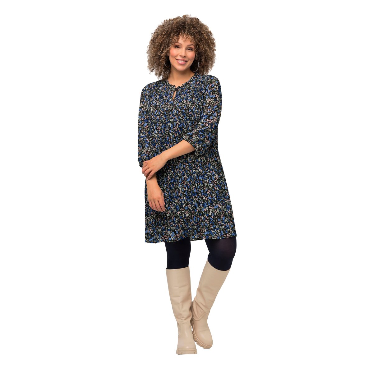 Robe courte plissée avec manches marine, ULLA POPKEN