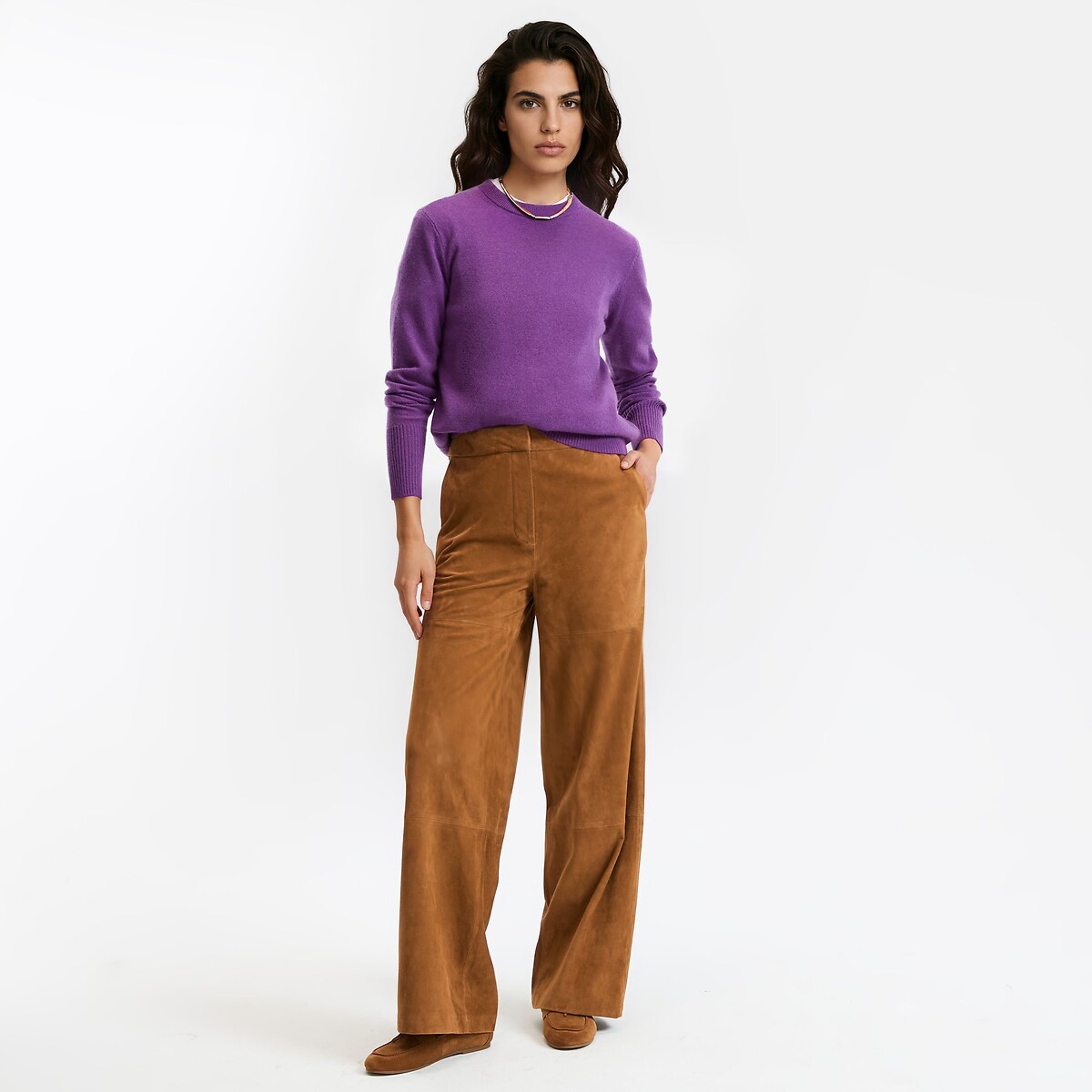 Pantalon large en cuir de chèvre suède marron camel, LA REDOUTE COLLECTIONS