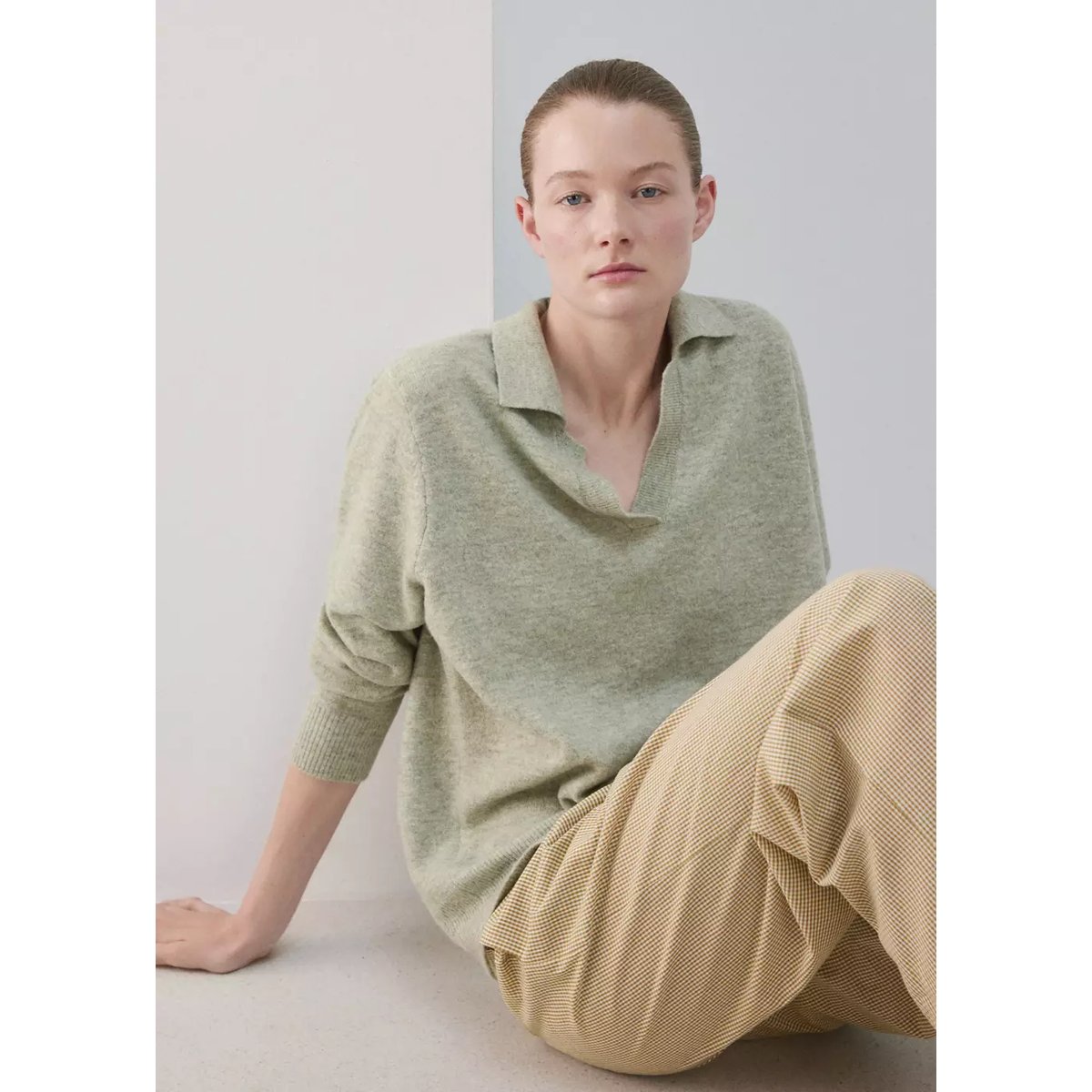 Pull-over maille col polo beige, MANGO