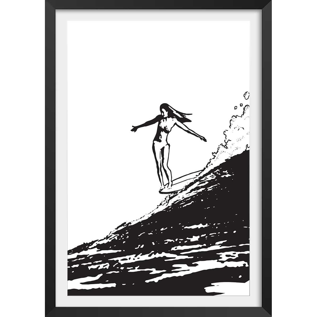 Poster surfeuse longboard affiche + cadre en bois - noir, HEXOA