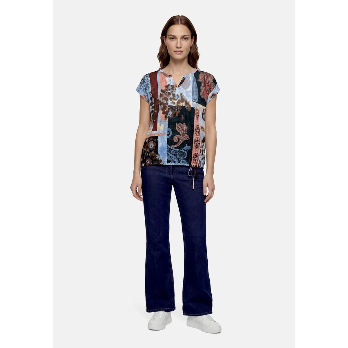 T-shirt façon blouse à cordon coulissant sous tunnel bleu/rouge, BETTY BARCLAY