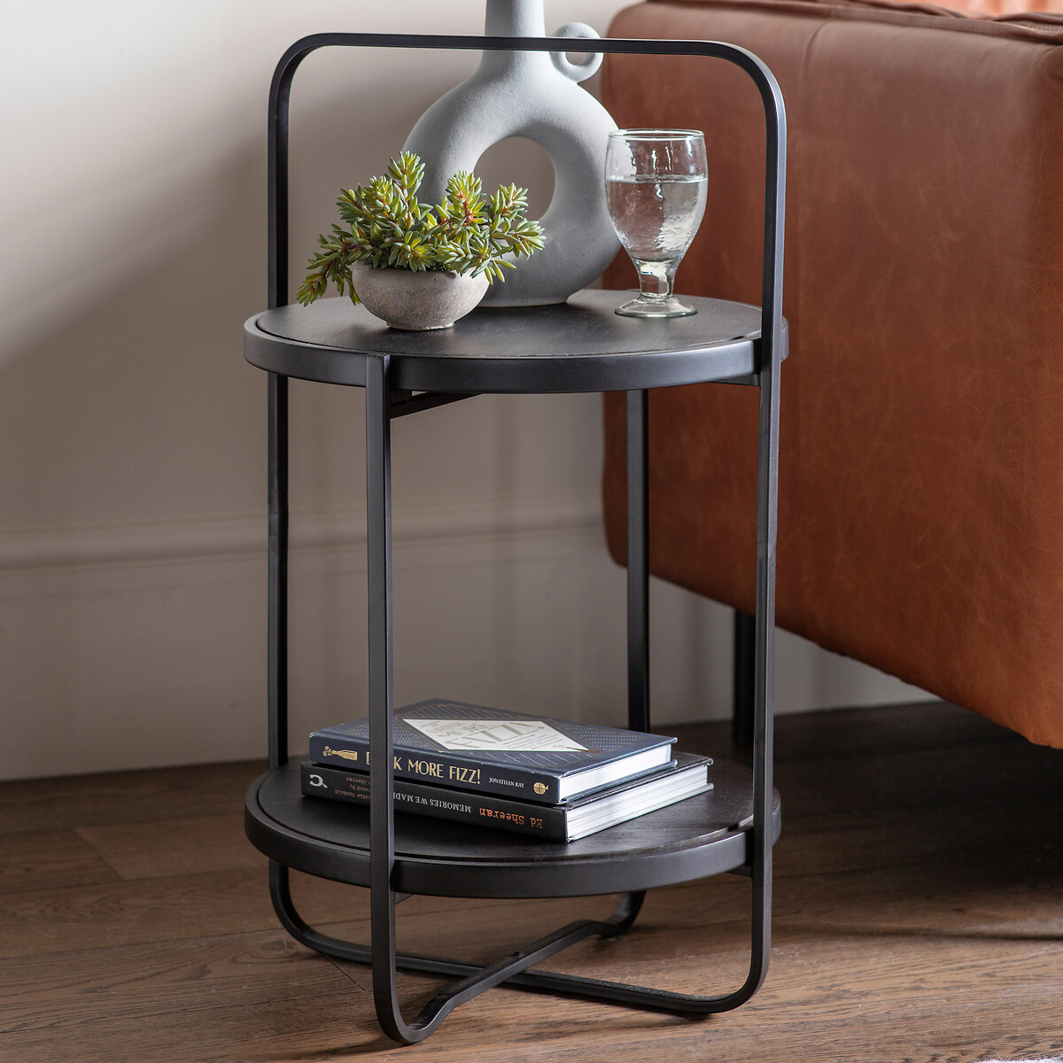 Morbi Industrial Round Two Tier Side Table with Handle black, SO'HOME
