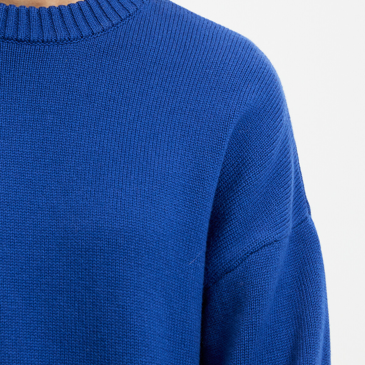 Pull col rond, en laine et coton mélangés bleu électrique, LA REDOUTE COLLECTIONS
