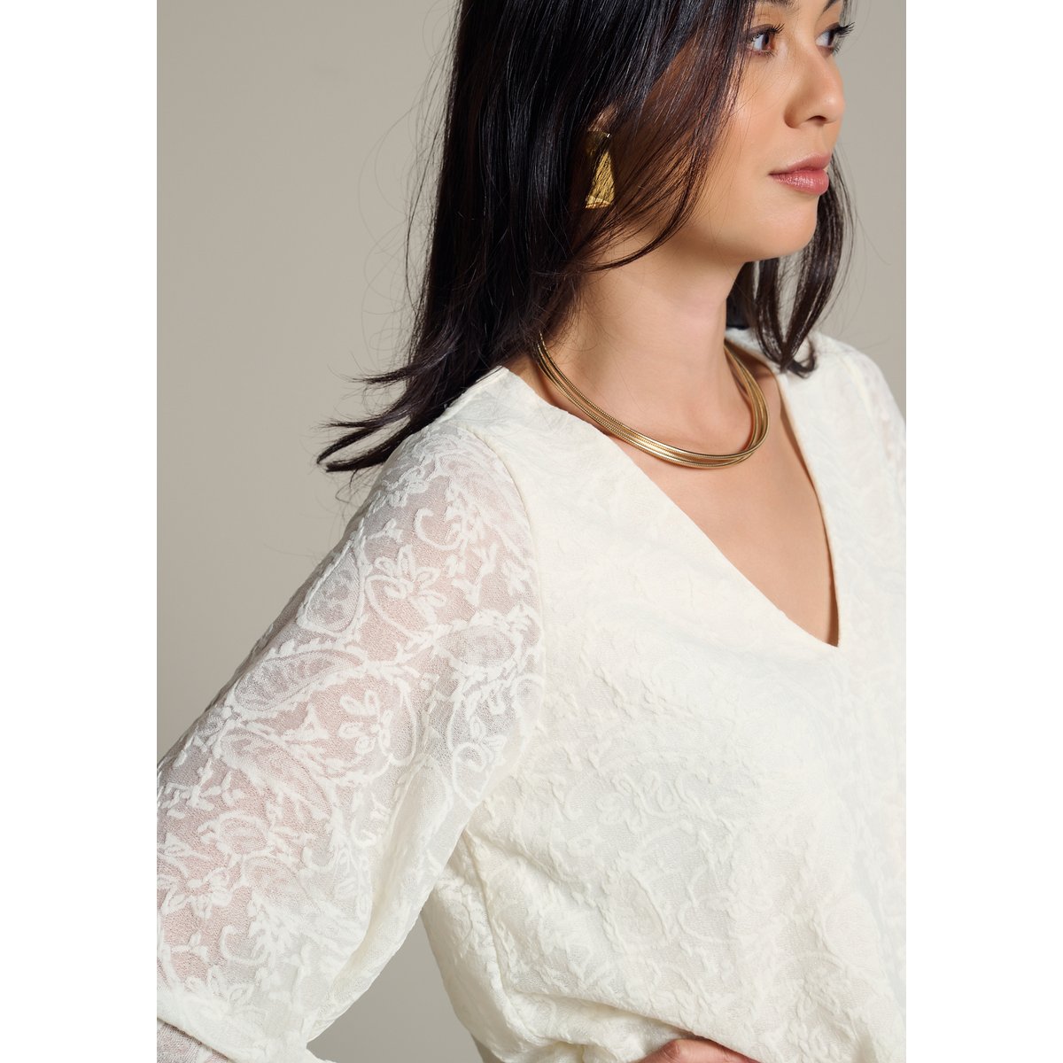 T-shirt texturé à manches longues blanc vanille, LOLALIZA