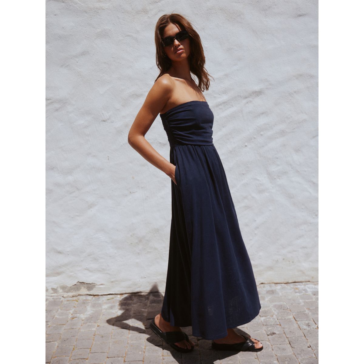 Robe bandeau mi-longue froncée bleu marine, NEXT