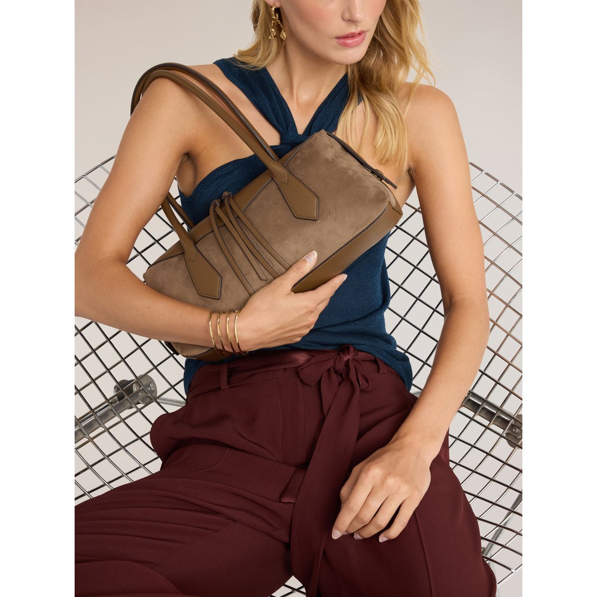 Sac bowling avec détail double zip marron, MOTIVI