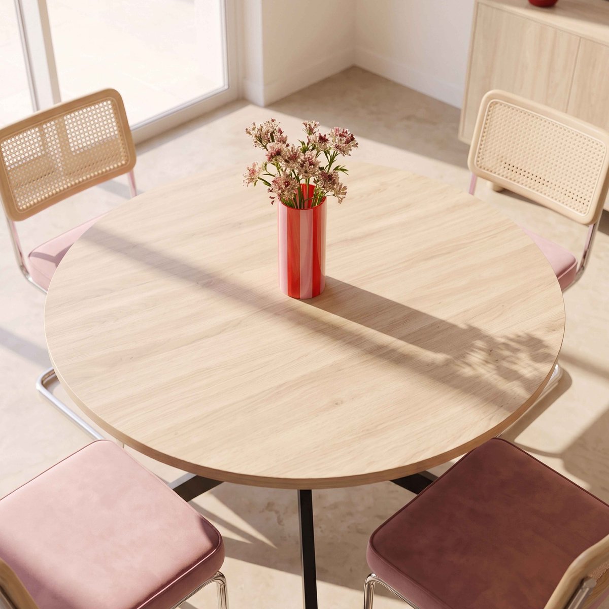 Table à manger ronde 120 cm en feuille de papier MDF, MARCIA marron, OVIALA
