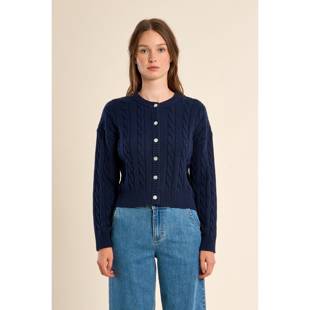 Cardigan en maille tressée navy blue, MOLLY BRACKEN