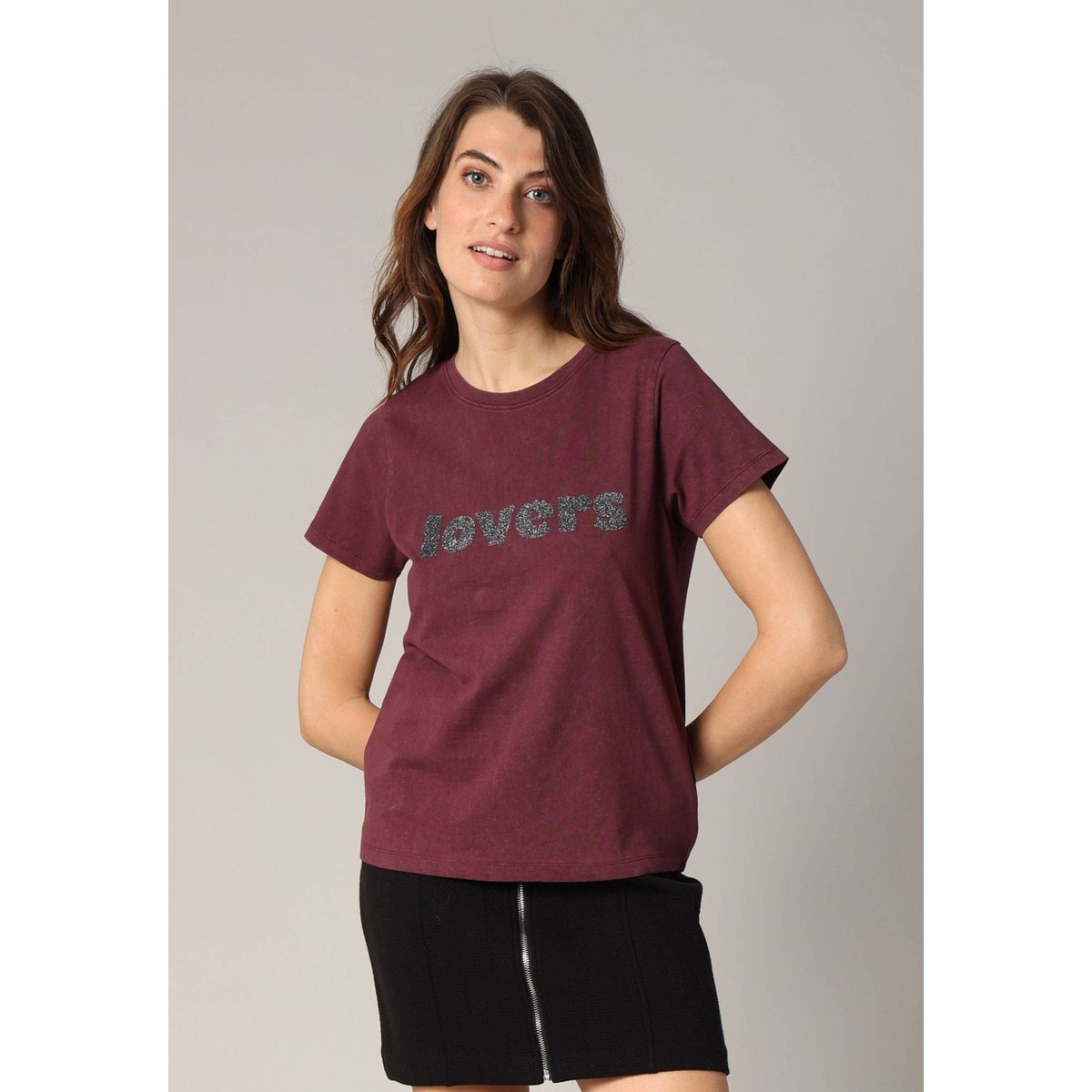 T-shirt 100 % coton avec imprimé lovers pailleté LOLOVER plum, DEELUXE