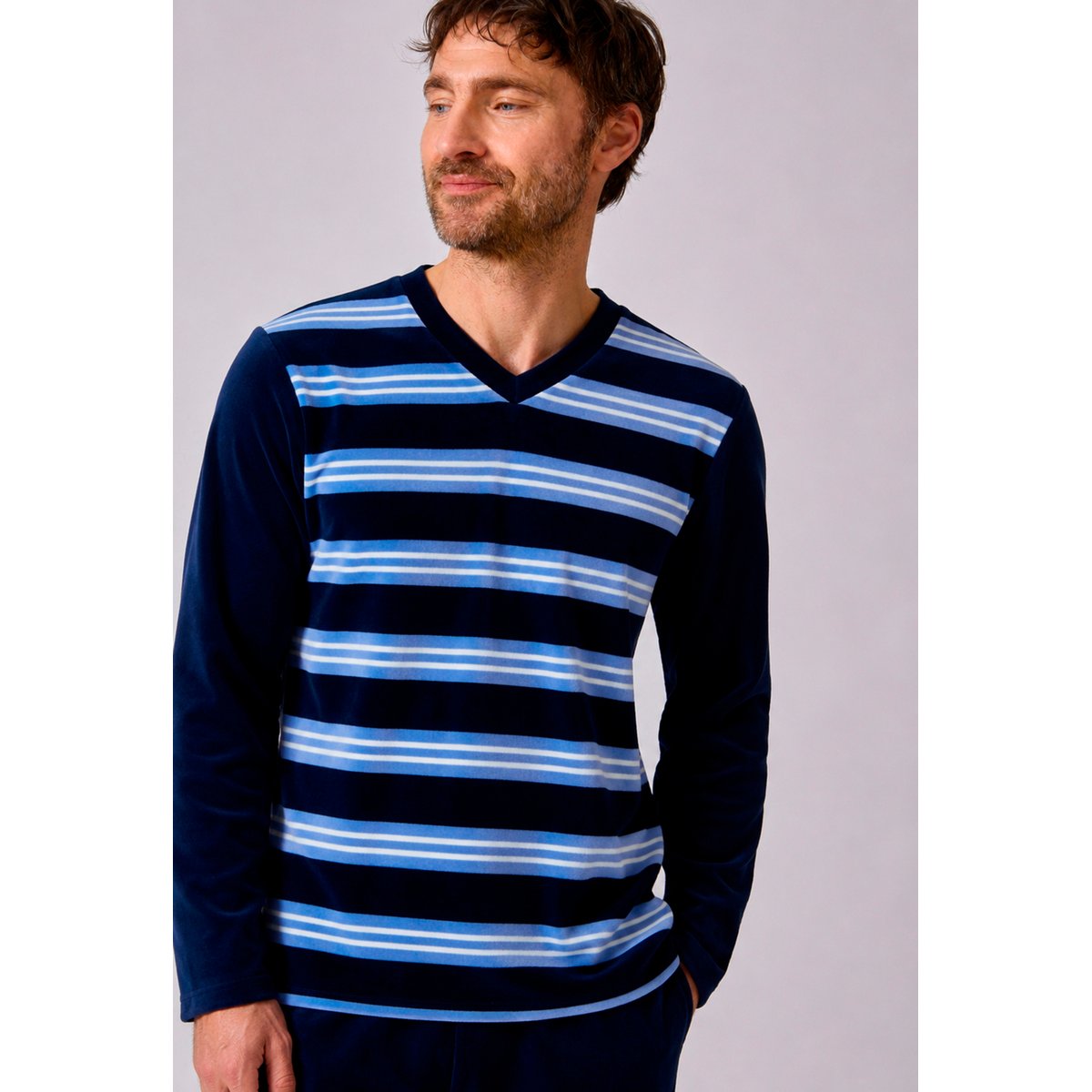 Pyjama velours rayé mélange coton bleu rayé, DAMART
