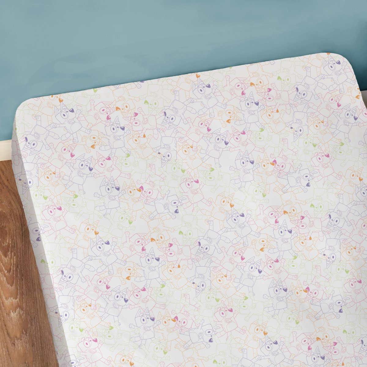 Drap-housse imprimé 100% coton, COLORFUL bleu, BLUEY