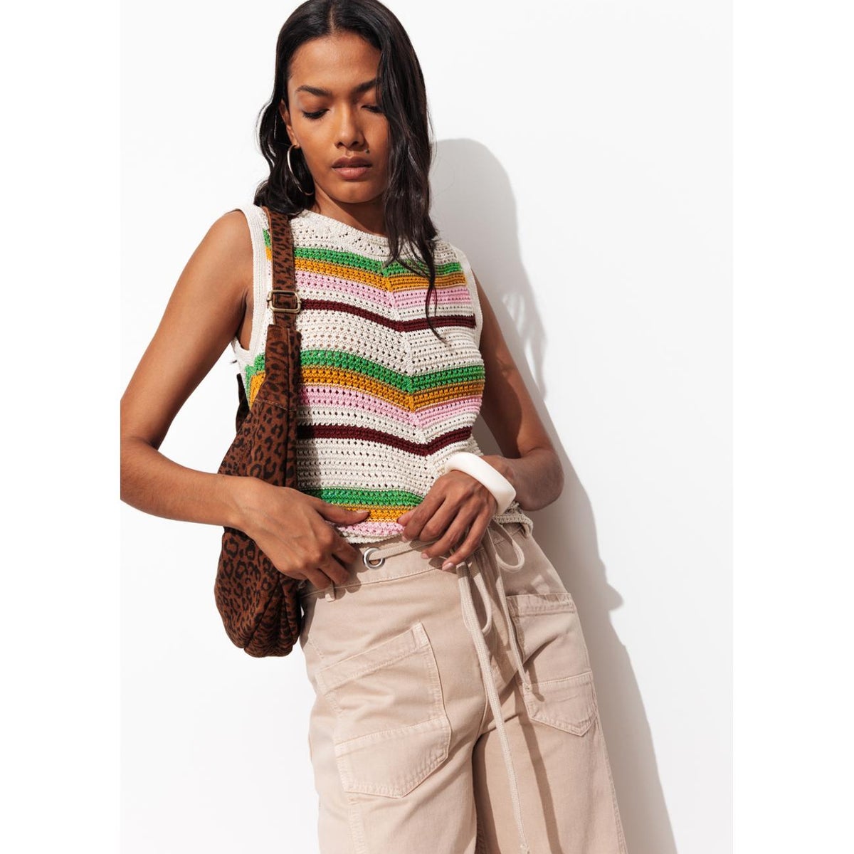 Pull sans manches en crochet rayé écru, PROMOD