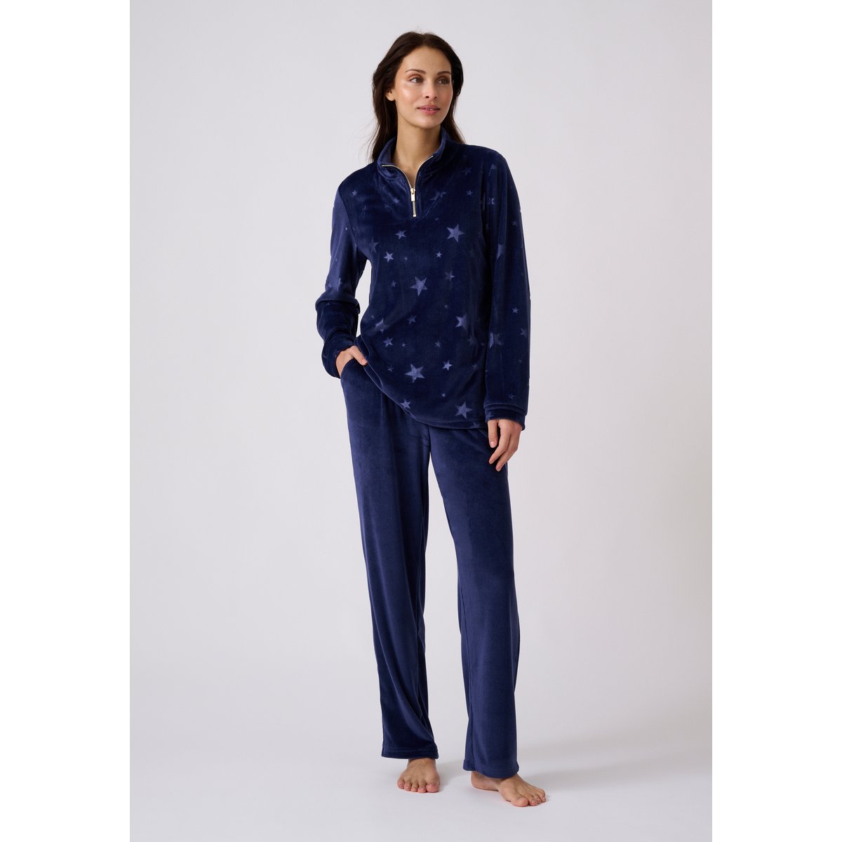 Pyjama Thermolactyl en velours côtelé et embossé bleu nuit, DAMART