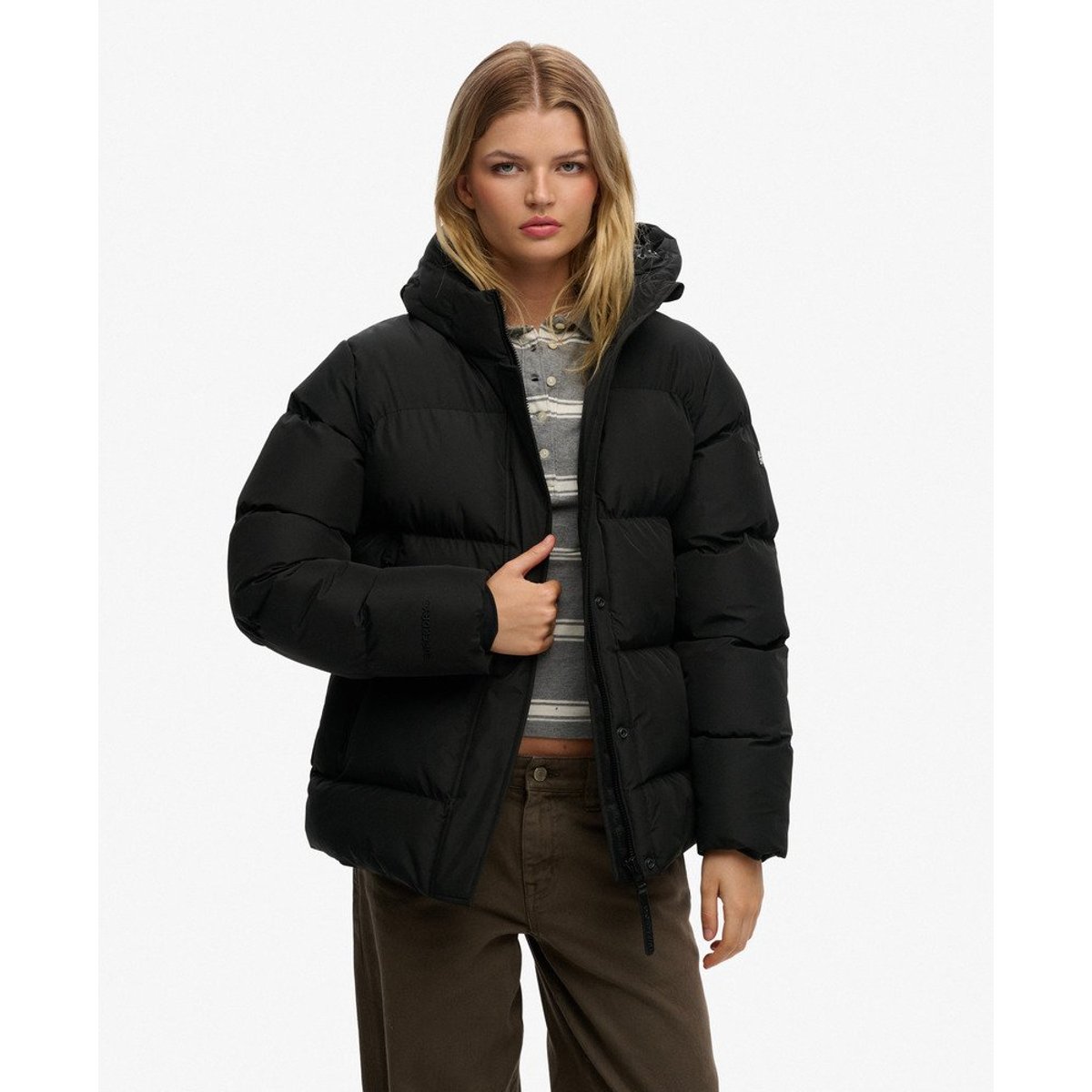 Doudoune à capuche matelassée noir, SUPERDRY