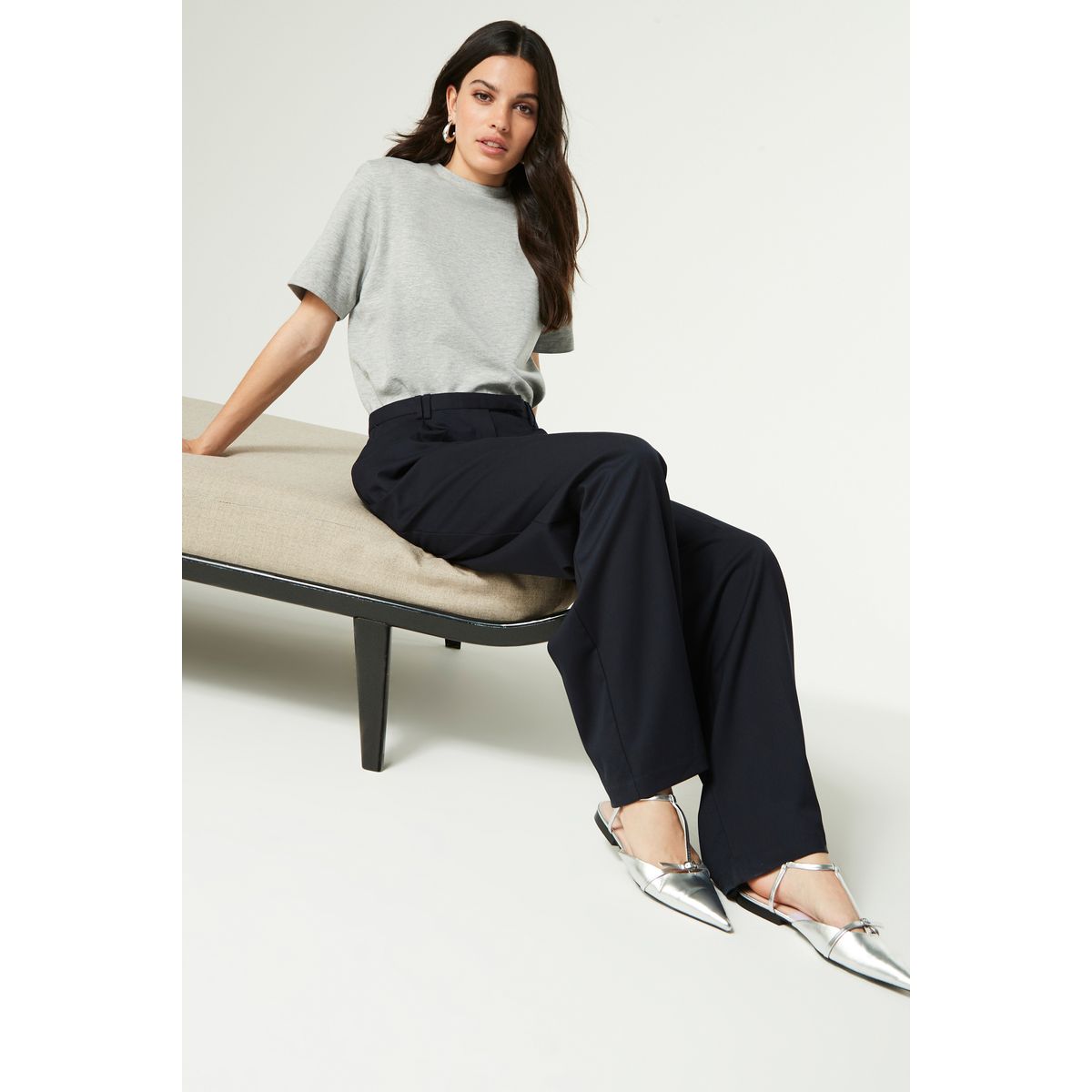 Pantalon large ajusté bleu marine, NEXT