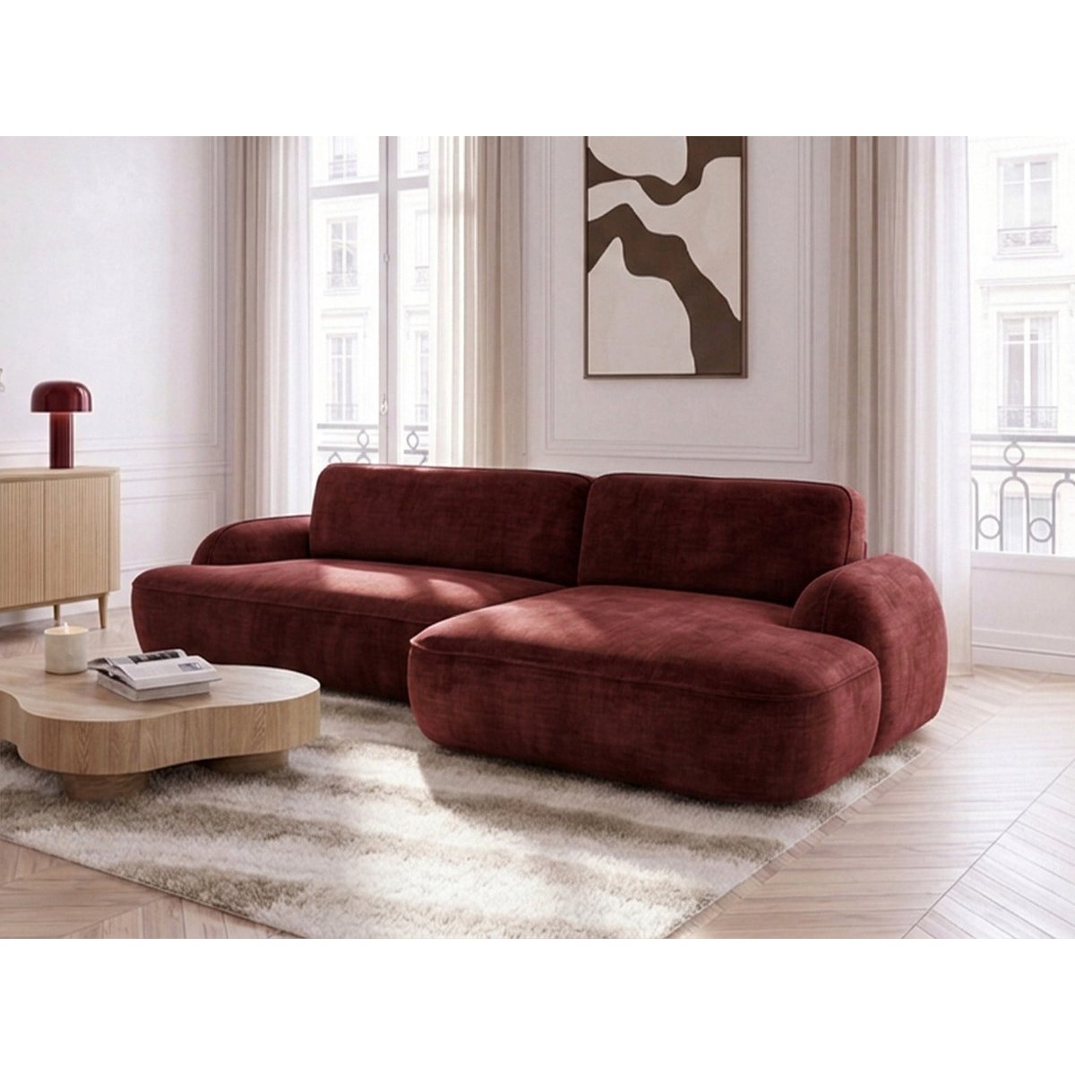 Canapé d'angle convertible 3 places en tissu lisse, CELESTE rouge, BOBOCHIC