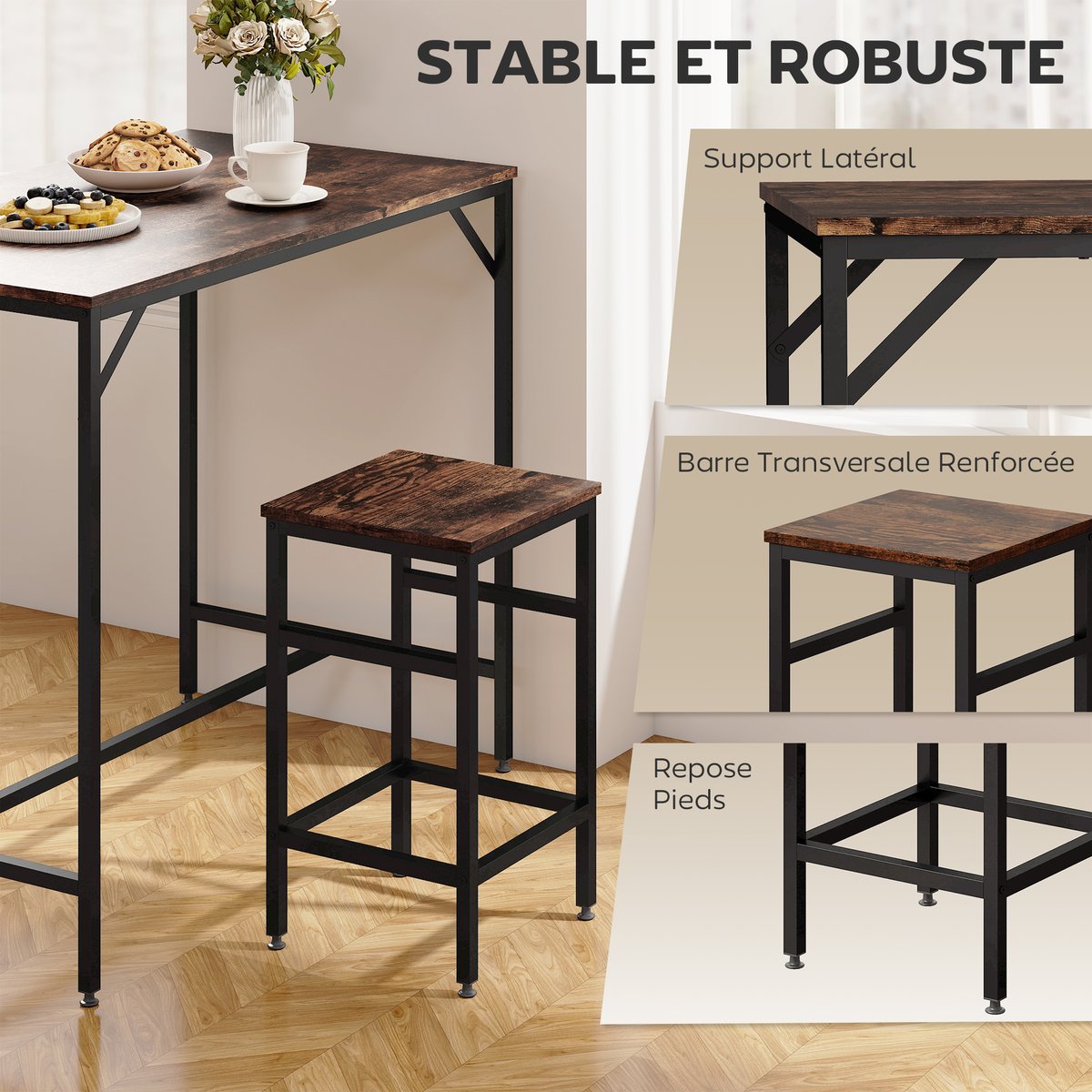 Ensemble de table de bar Métal Noir noir, chêne clair, HOMCOM