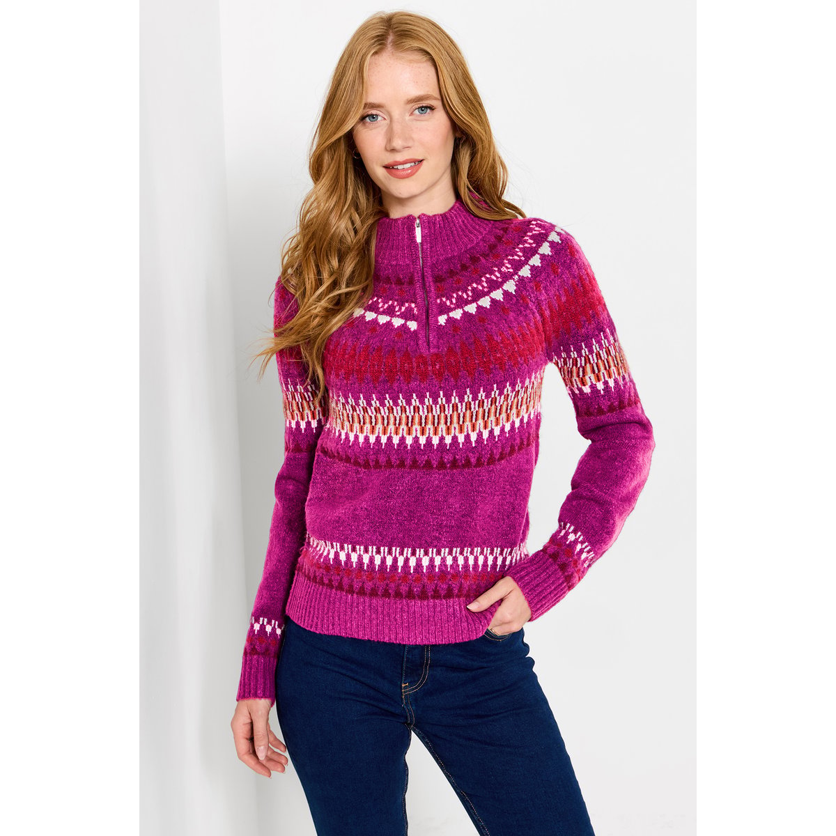 Pull Fair Isle Semi-Zippé Connie violet, JOE BROWNS
