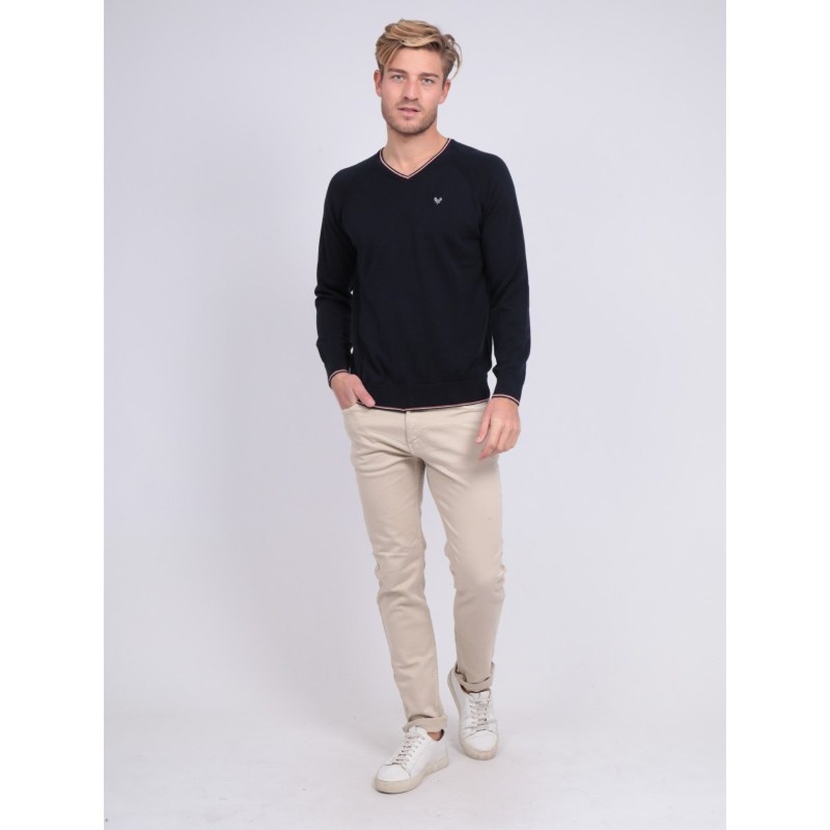 Pull Fin Col V Coton Anton bleu marine, RITCHIE