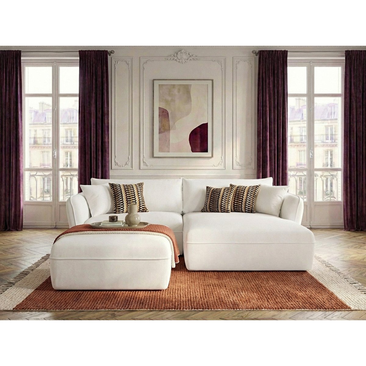 Canapé d'angle fixe 3 places en tissu texturé avec pouf, LUIGI blanc, BOBOCHIC