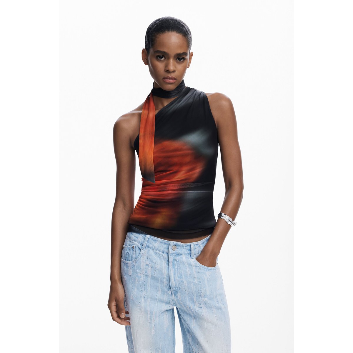 T-shirt à encolure nouée noir, DESIGUAL